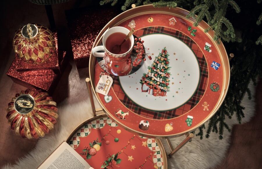 Henriette Tavolino Portavivande Tartan con Struttura Oro ø42 cm H.51 cm – Collezione Maison Noël