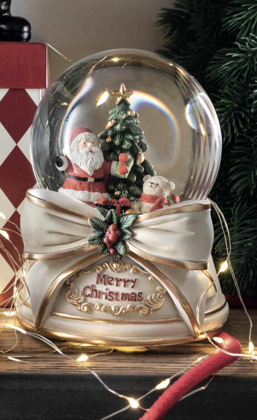 Henriette Globo di Neve Carillon con Babbo Natale e Fiocco, Collezione Prestige Carillon, 12x14h cm