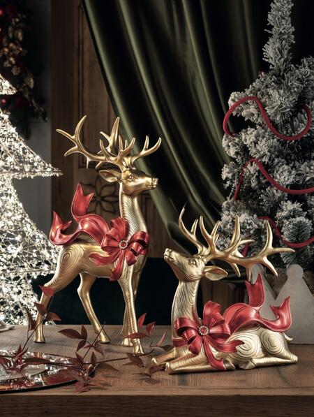 Henriette Set 2 Renne Oro con Fiocco Rosso, 25x24h cm e 25,5x41h cm