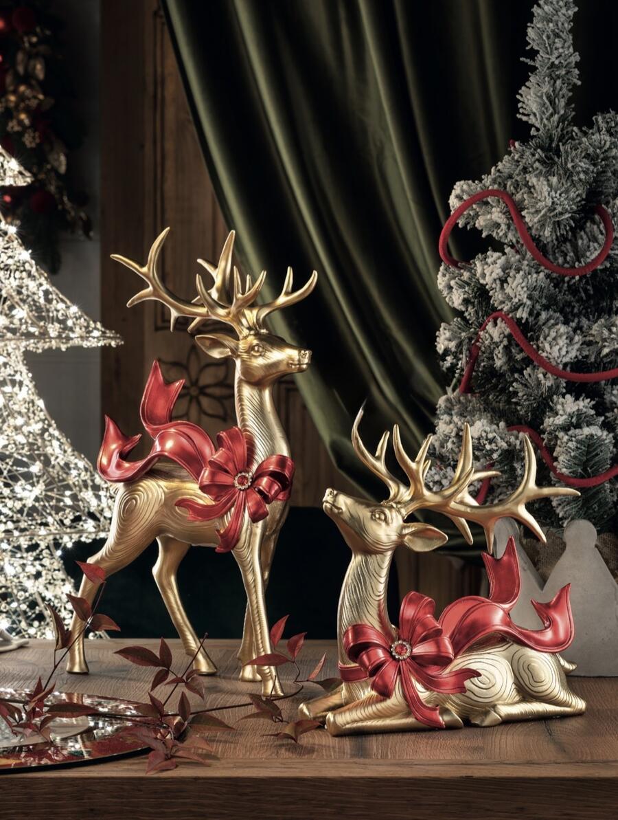 Henriette Set 2 Renne Oro con Fiocco Rosso, 25x24h cm e 25,5x41h cm