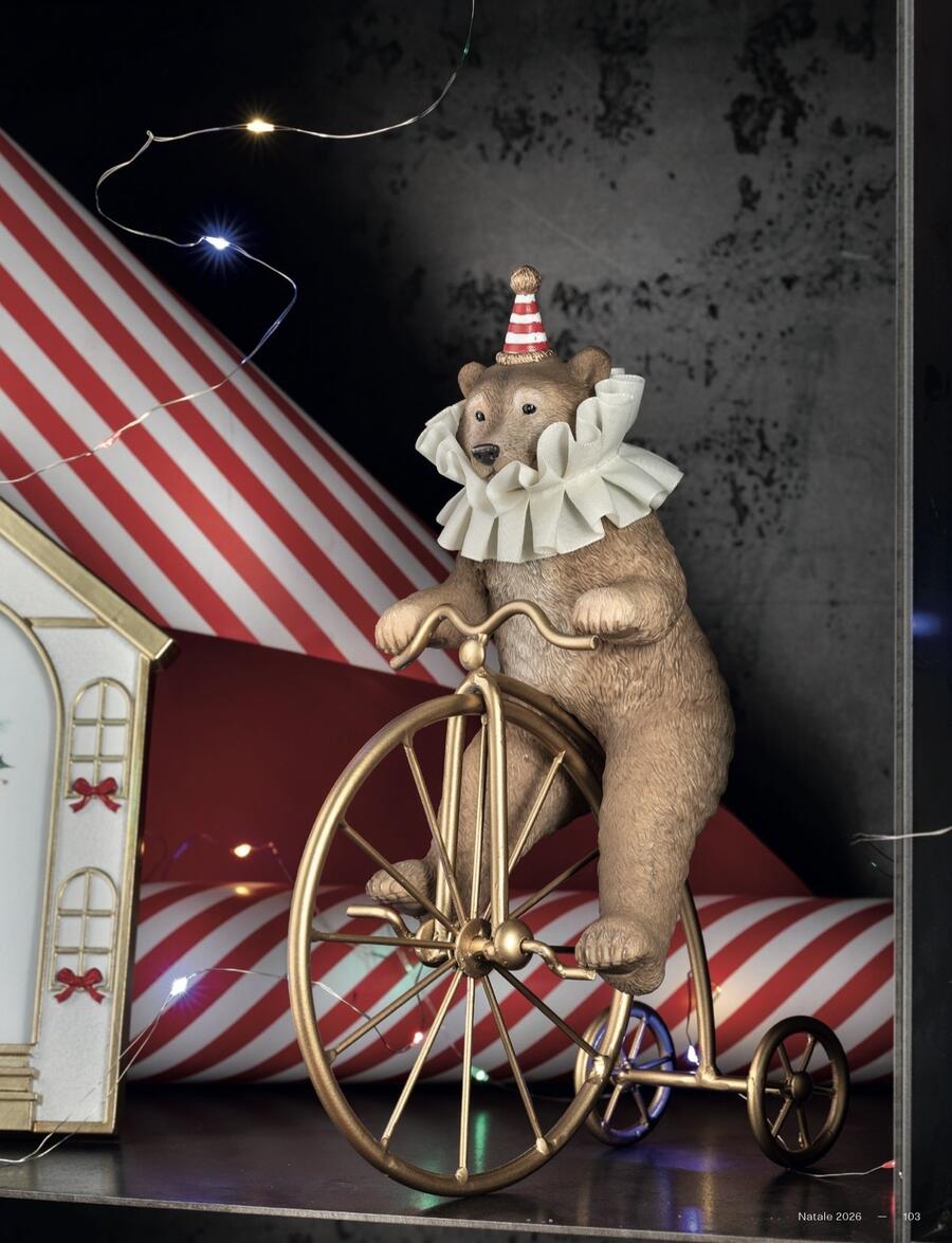 Henriette Orsetto in Bici Vintage - decorazione da circo con cappello a cono, collezione X’Mas Circus, 18,5x9x25h cm