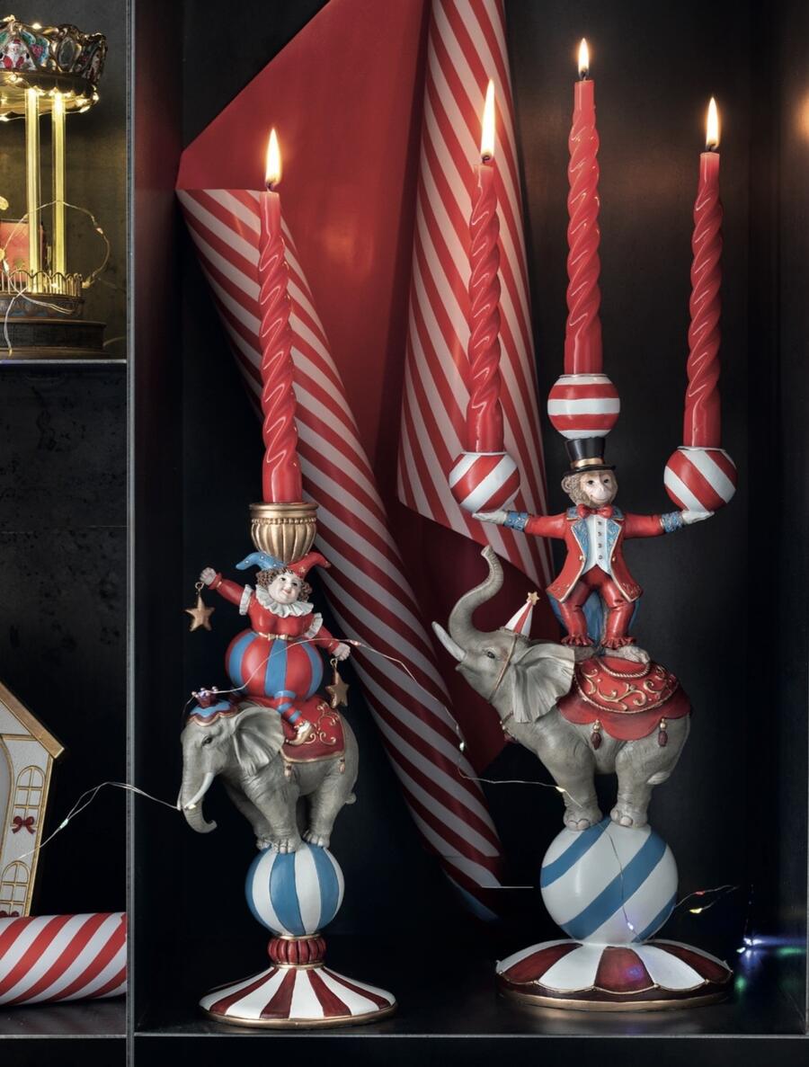 Henriette Candeliere Domatore - portacandele elefante con domatore scimmia, collezione X’Mas Circus, 18,5x14,5x38h cm