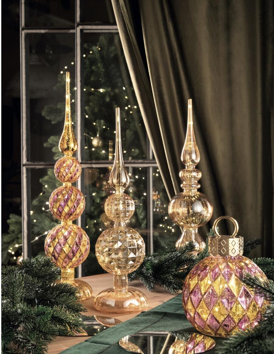 Henriette Puntale per Albero in Vetro Oro e Lilla con Luce LED - collezione Oro Brillante, Ø11 H.49,5 cm