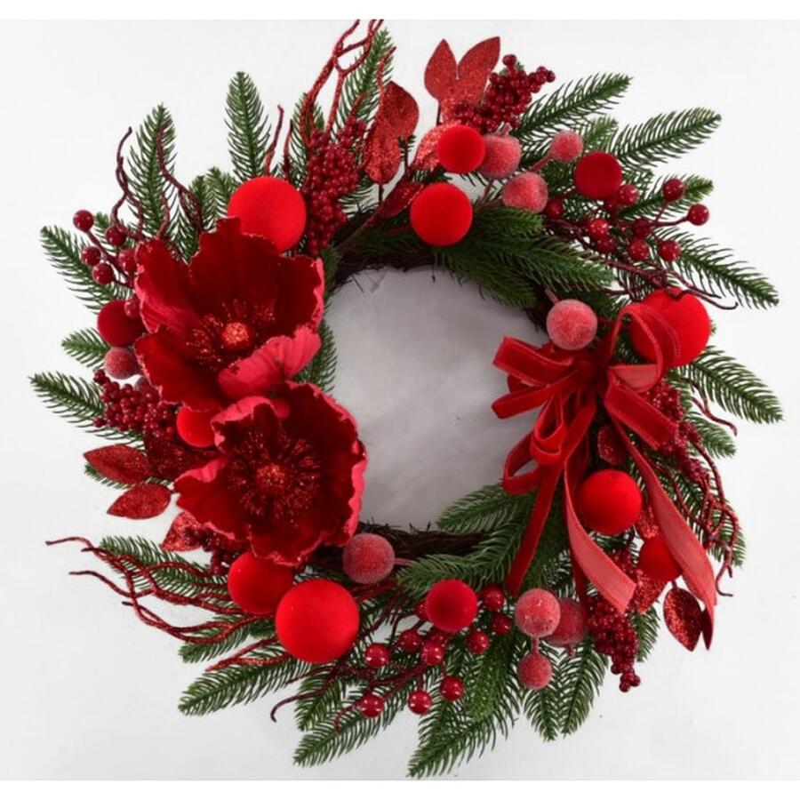 Clodette Ghirlanda Natalizia Rossa con Fiori, Bacche e Fiocco - Ø45 cm