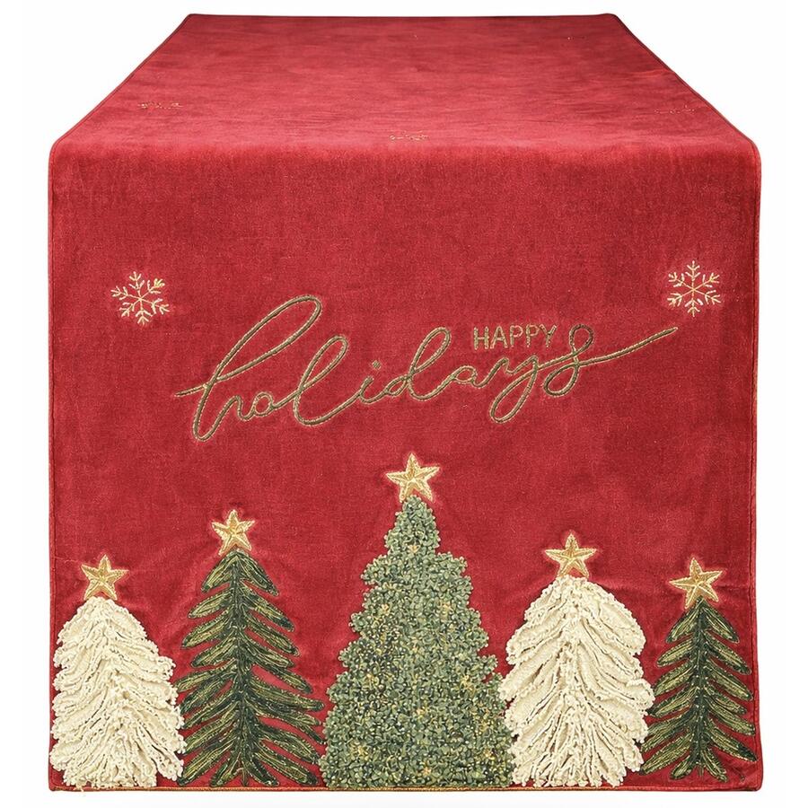 Clodette Runner da Tavola Natalizio Rosso “Happy Holidays” con Alberelli Ricamati