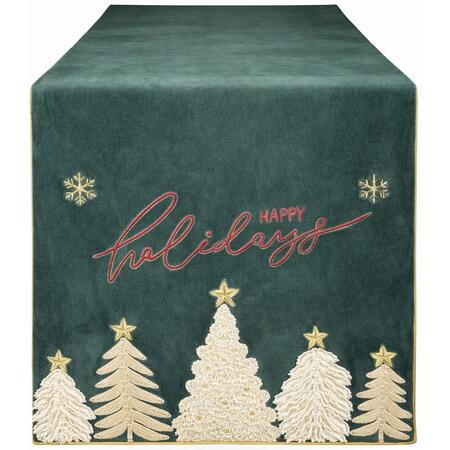 Clodette Runner da Tavola Natalizio Verde “Happy Holidays” con Alberelli Ricamati