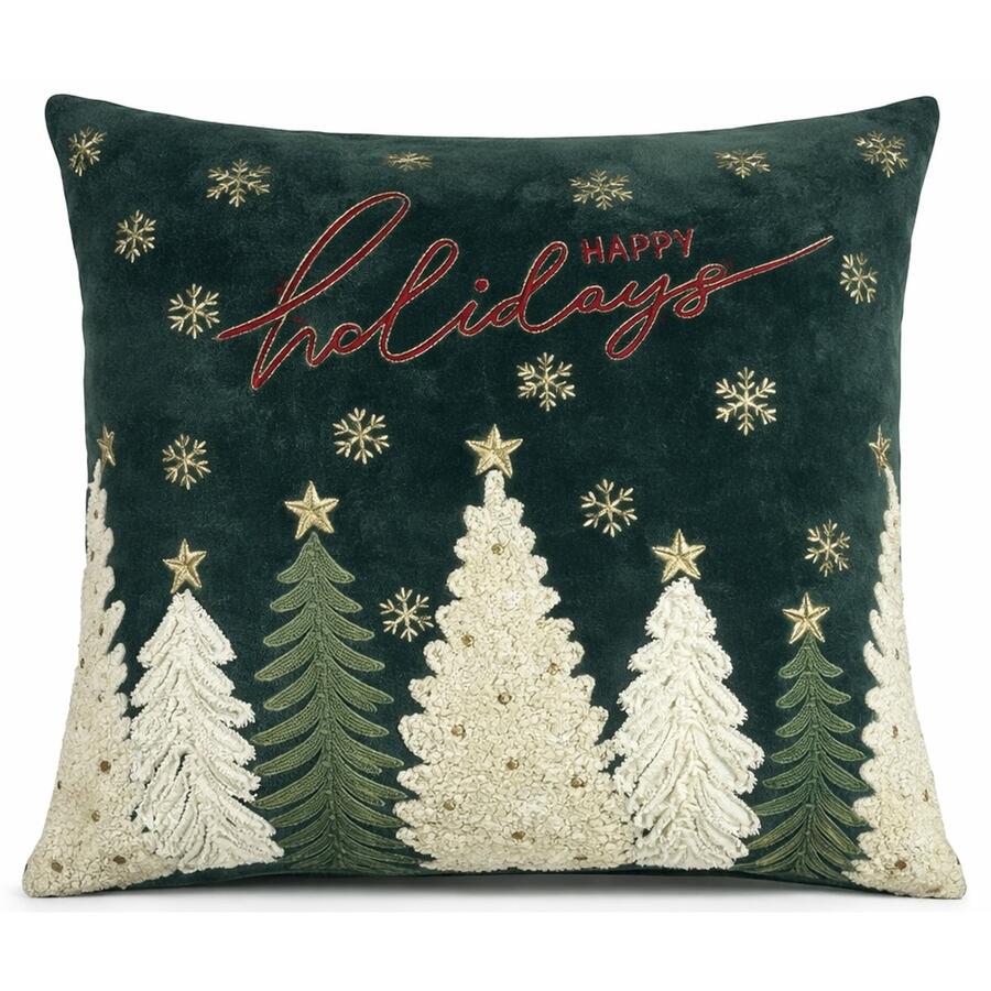 Clodette Cuscino Natalizio Verde “Happy Holidays” con Alberelli Ricamati