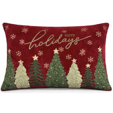 Clodette Cuscino Rettangolare Natalizio Rosso “Happy Holidays” con Alberelli Ricamati