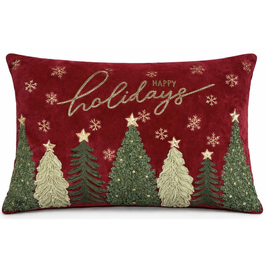 Clodette Cuscino Rettangolare Natalizio Rosso “Happy Holidays” con Alberelli Ricamati