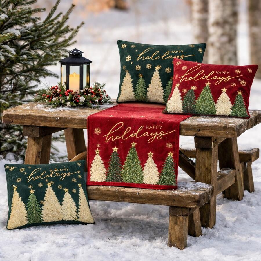 Clodette Cuscino Rettangolare Natalizio Rosso “Happy Holidays” con Alberelli Ricamati