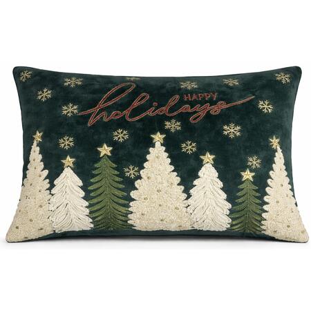 Clodette Cuscino Rettangolare Natalizio Verde “Happy Holidays” con Alberelli Ricamati