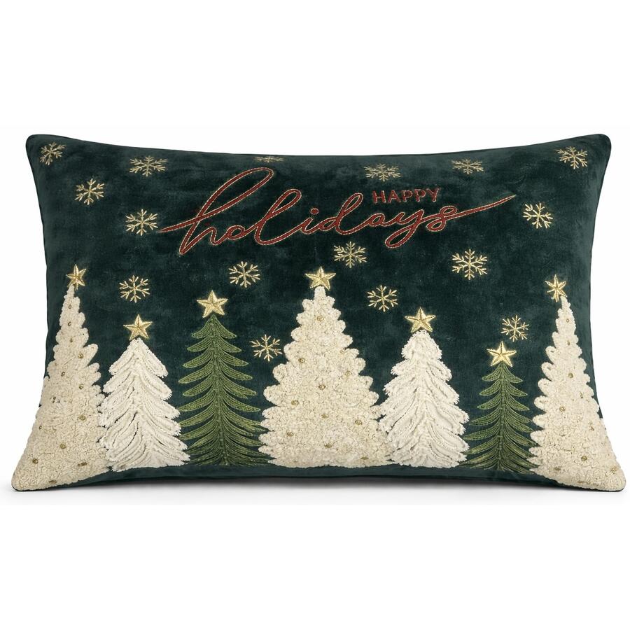 Clodette Cuscino Rettangolare Natalizio Verde “Happy Holidays” con Alberelli Ricamati