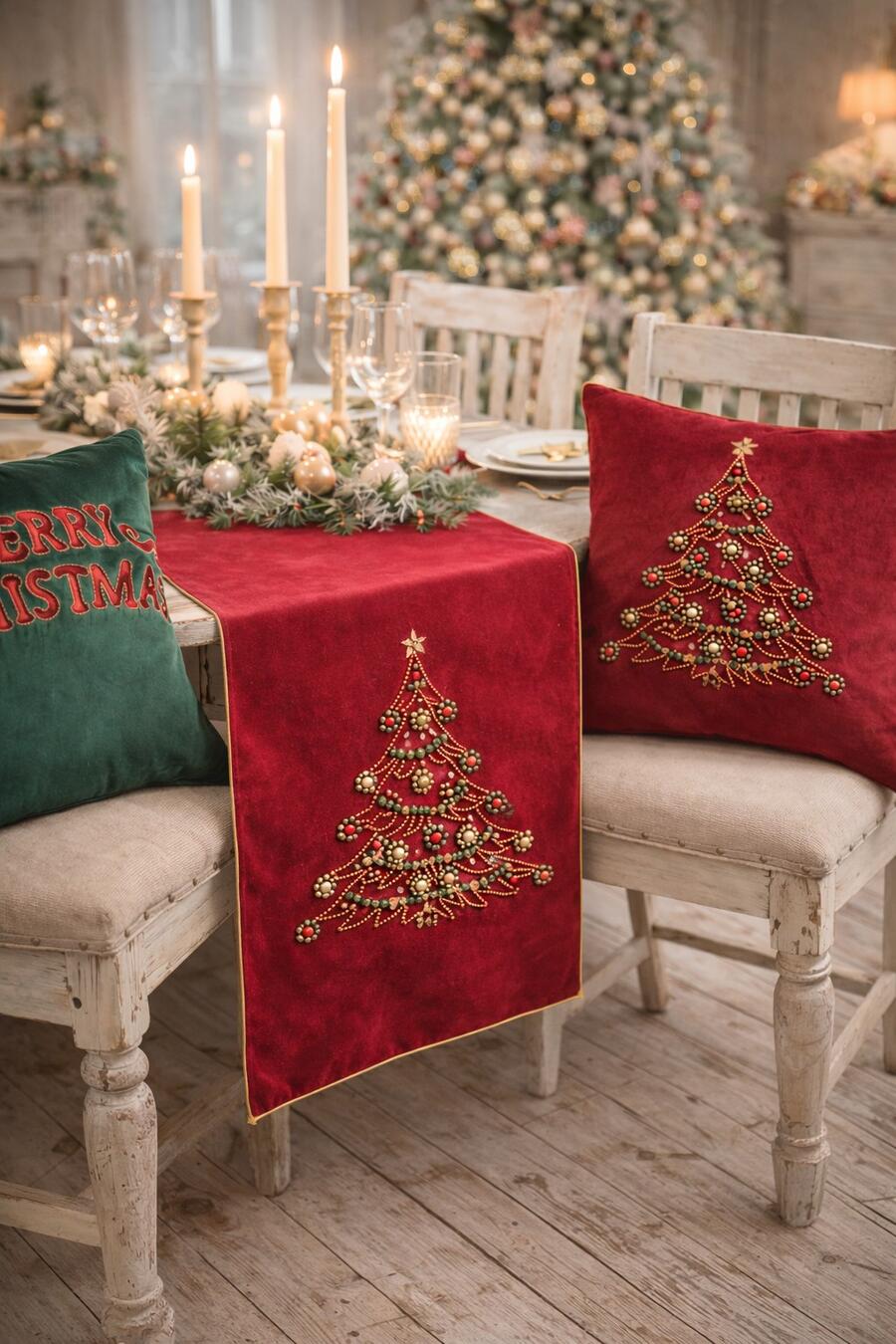 Clodette Runner da Tavola Natalizio Rosso Diamond con Albero Ricamato a Perline