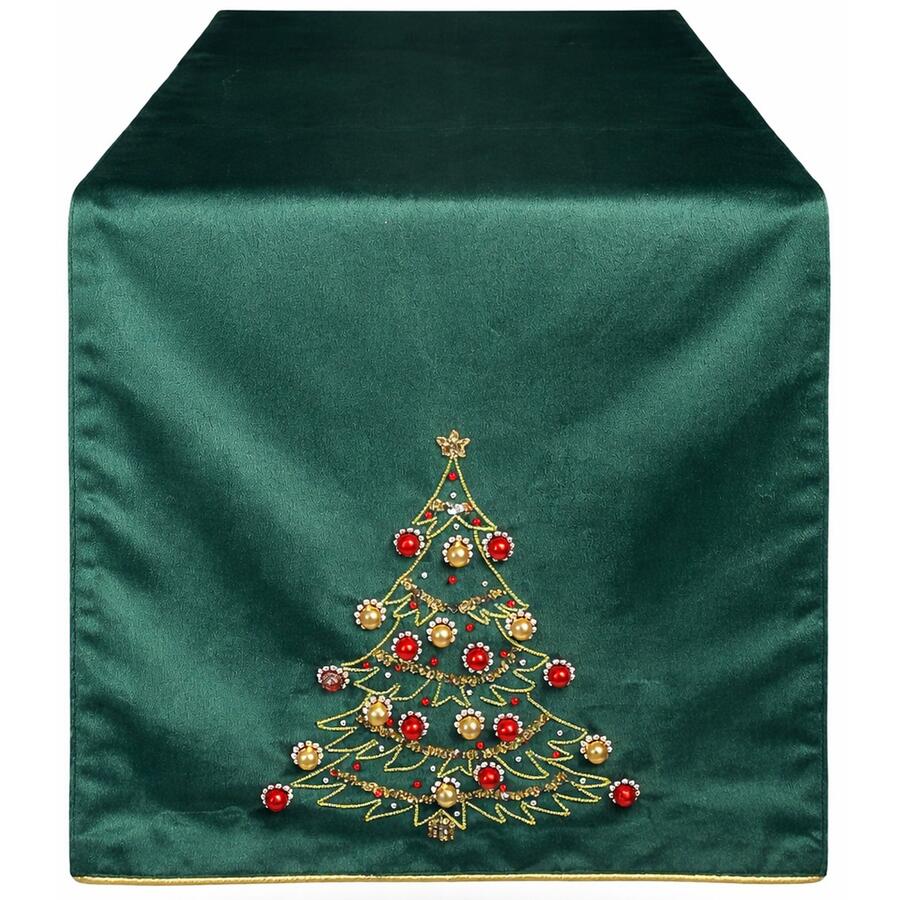 Clodette Runner da Tavola Natalizio Verde Diamond con Albero Ricamato a Perline
