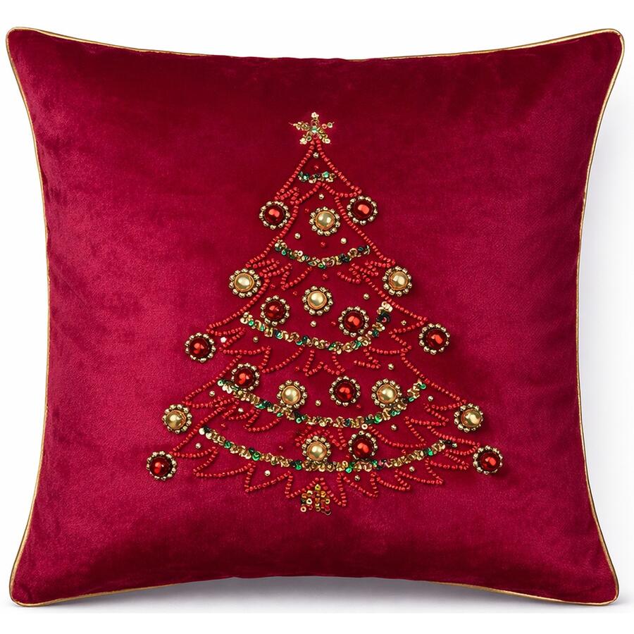 Clodette Cuscino Natalizio Rosso Diamond con Albero Ricamato a Perline