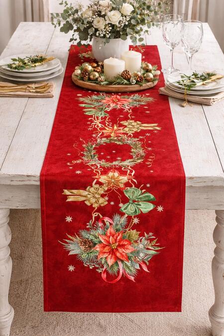 Clodette Runner Natalizio Rosso Red Star con Corona e Poinsettia 44x150 cm
