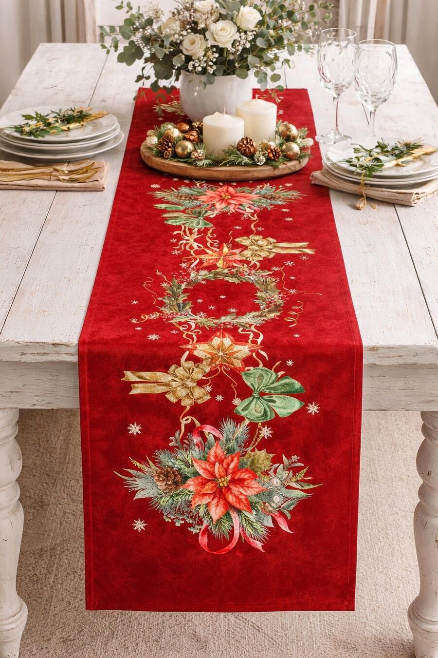 Clodette Runner Natalizio Rosso Red Star con Corona e Poinsettia 44x150 cm