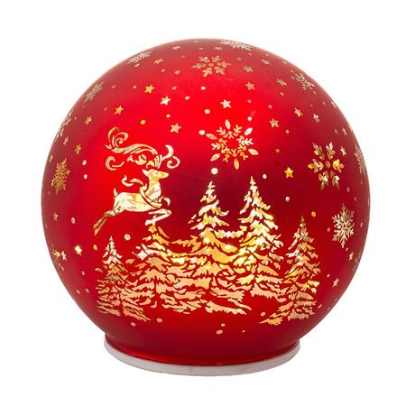 Palais Royal Palla di Vetro LED Rossa con Renna e Alberi Dorati 15 cm