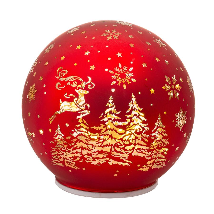 Palais Royal Palla di Vetro LED Rossa con Renna e Alberi Dorati 15 cm