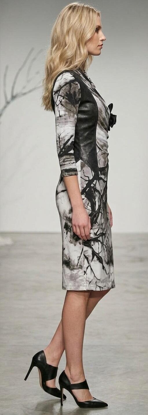 1069 Lined printed viscose sheath dress with faux leather inserts