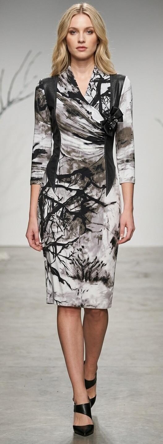 1069 Lined printed viscose sheath dress with faux leather inserts