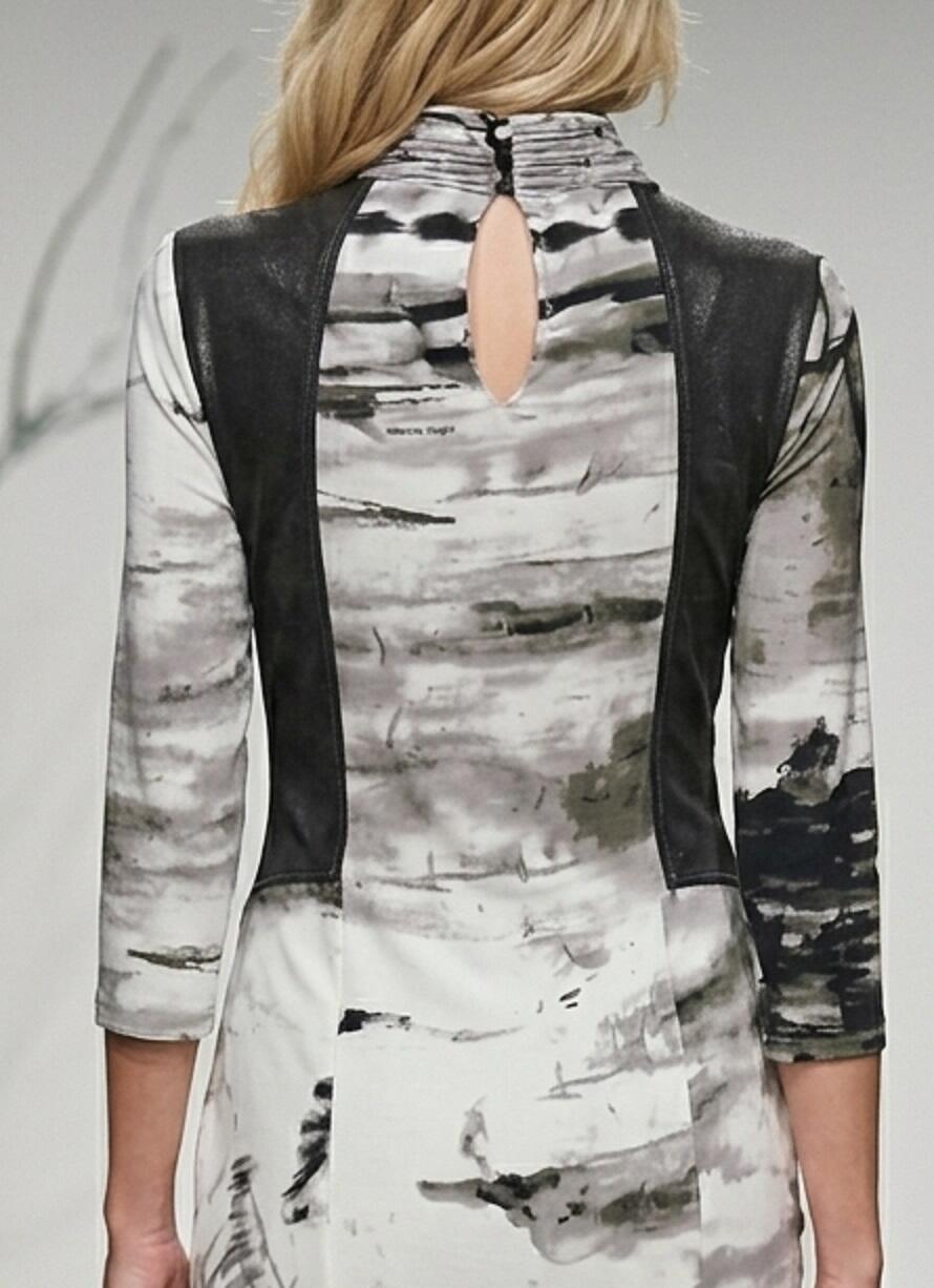 1069 Lined printed viscose sheath dress with faux leather inserts