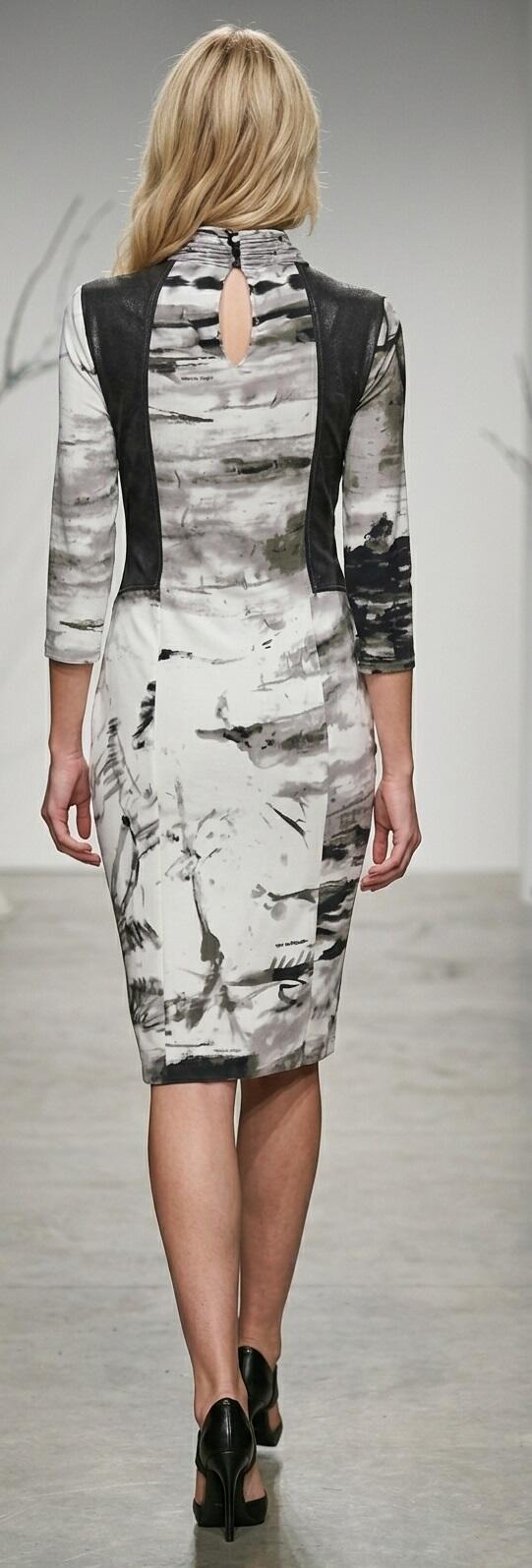 1069 Lined printed viscose sheath dress with faux leather inserts