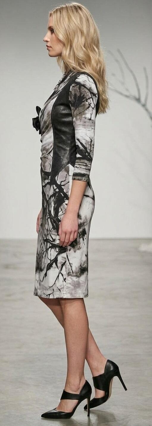 1069 Lined printed viscose sheath dress with faux leather inserts