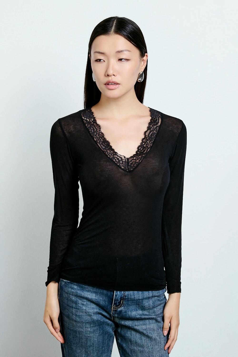 Two Way Maglia Con Cachemire Inserto Pizzo Nero