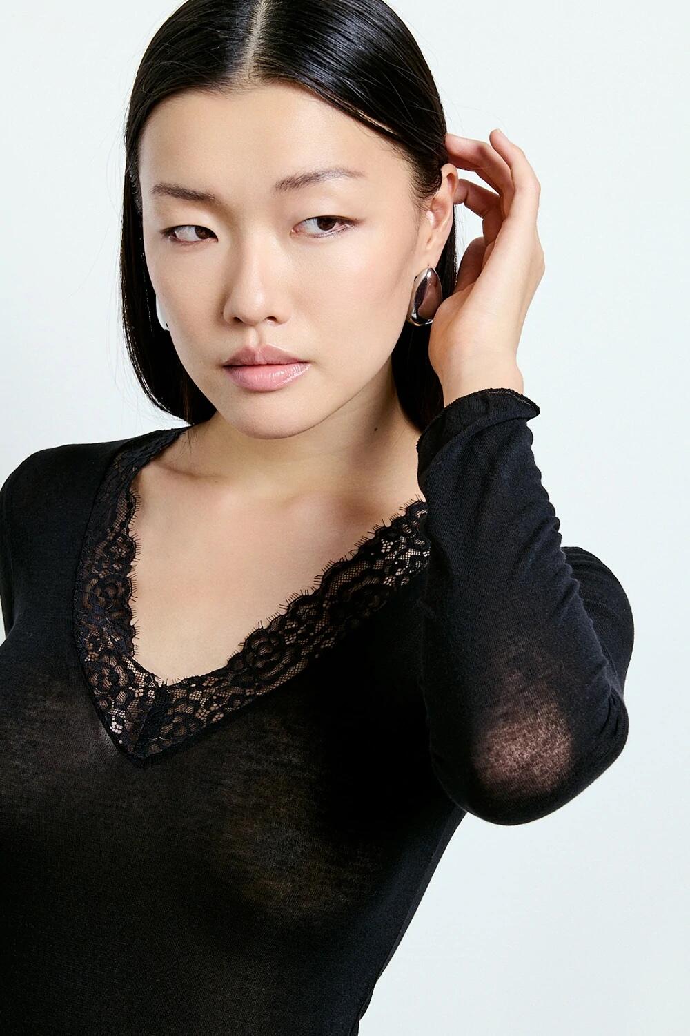 Two Way Maglia Con Cachemire Inserto Pizzo Nero