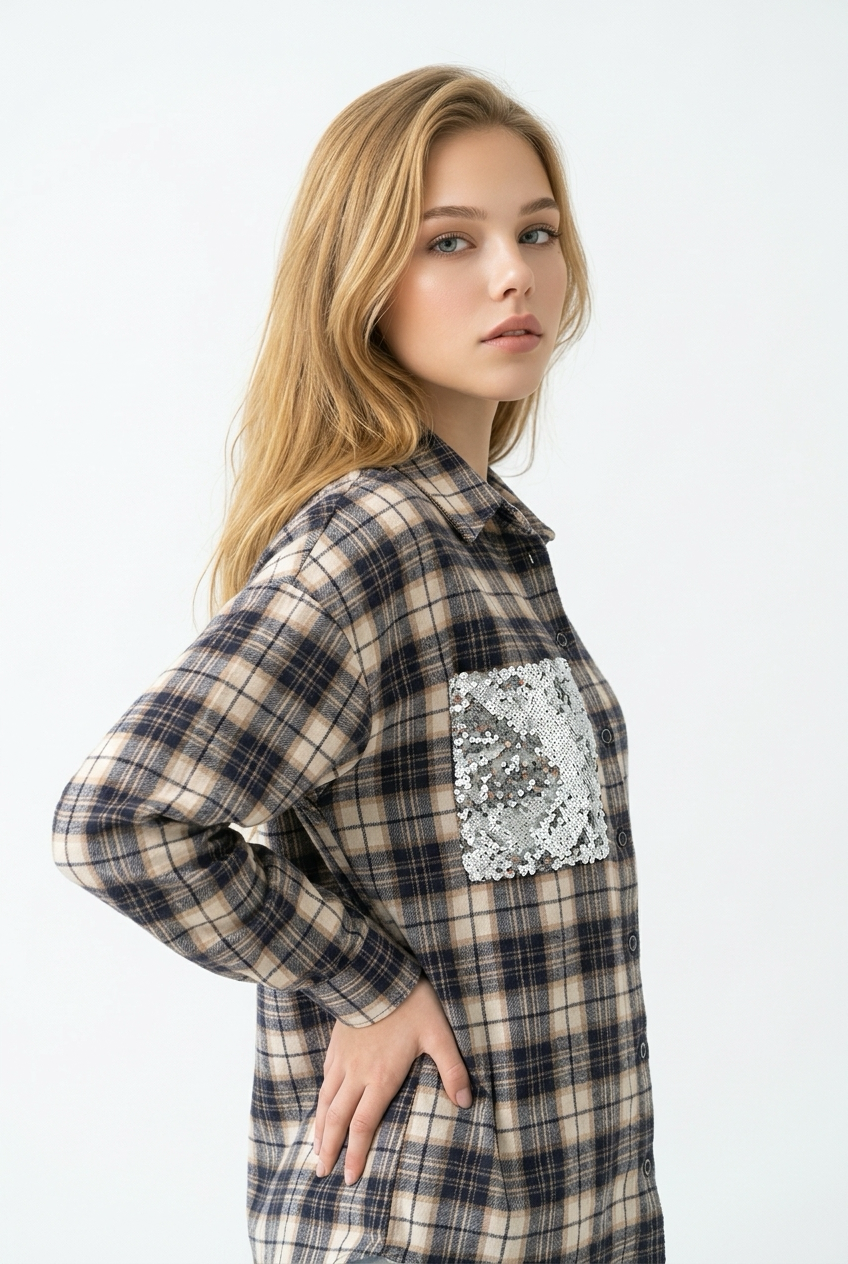 Two Way Camicia Over Quadri Tasca Paillettes