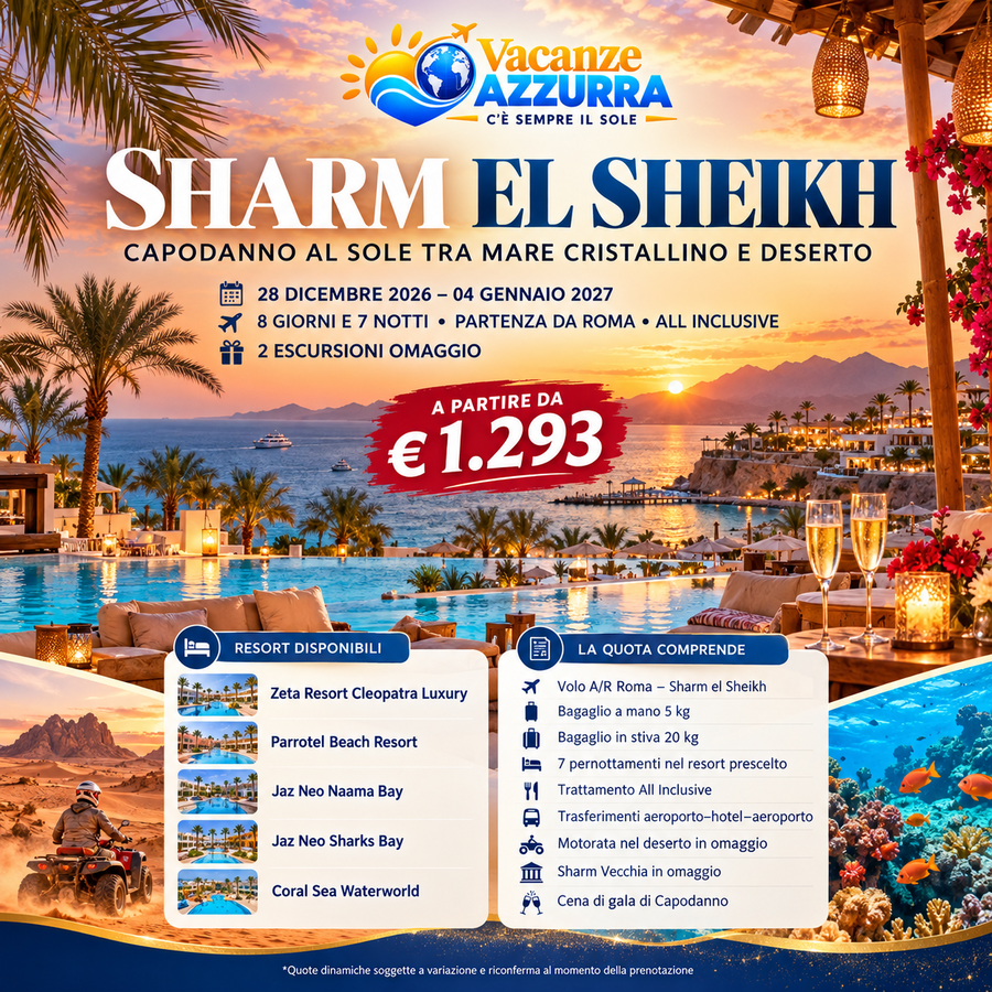 28 DICEMBRE 2026 SHARM EL-SHEIKH CAPODANNO AL SOLE TRA MARE CRISTALLINO E DESERTO