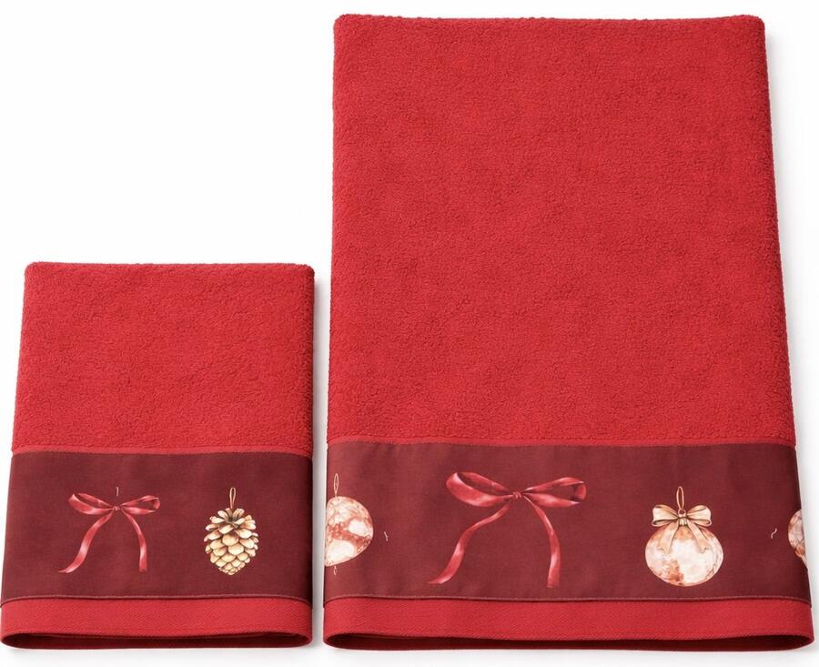 Clodette Set 2 Asciugamani in Spugna Rossa con Balza Ricamata Fiocchi e Pigne Natalizie