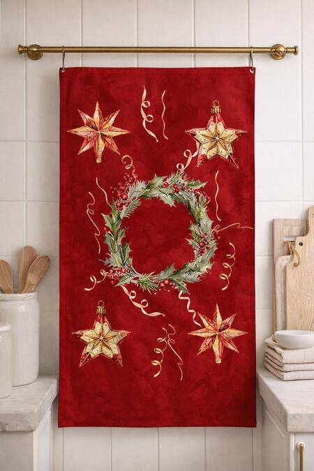 Clodette Canovaccio in Cotone Rosso con Stelle e Ghirlanda di Agrifoglio Natalizia 75x45 cm