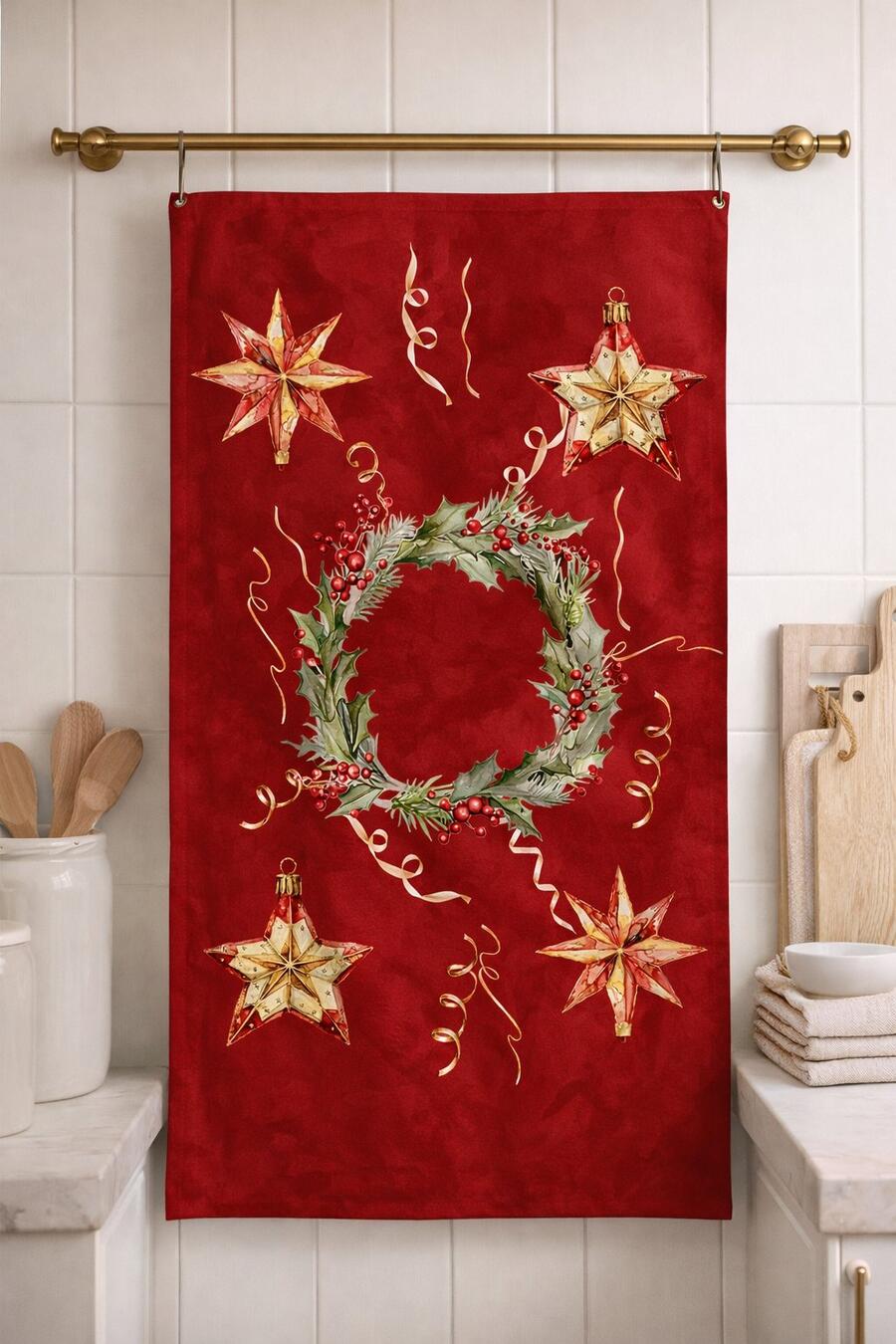 Clodette Canovaccio in Cotone Rosso con Stelle e Ghirlanda di Agrifoglio Natalizia 75x45 cm