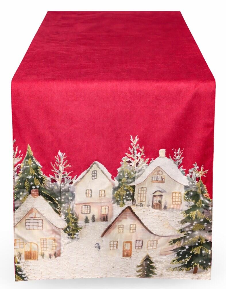 Clodette Runner Rosso con Ricamo Villaggio Innevato Natalizio 160x40 cm