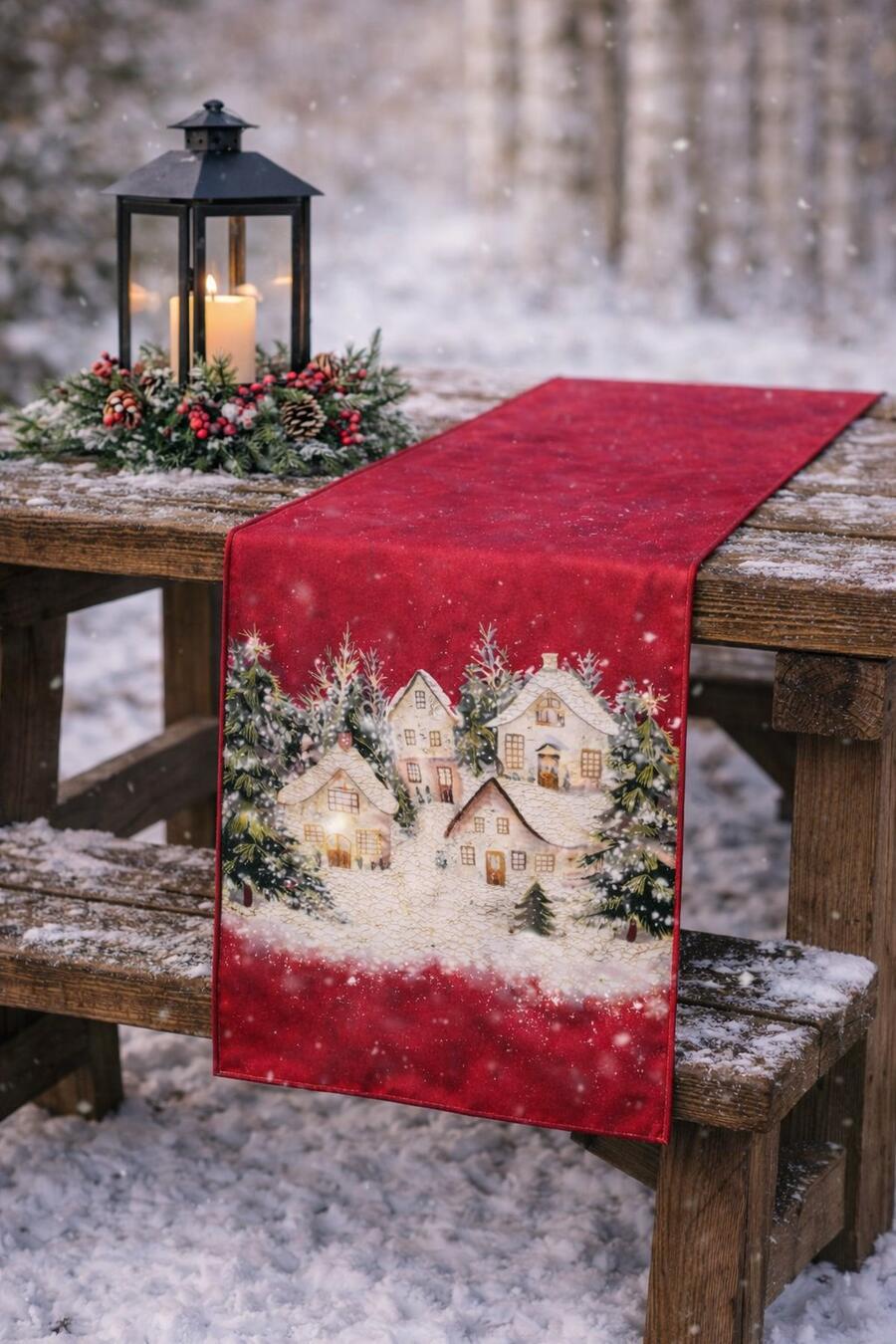 Clodette Runner Rosso con Ricamo Villaggio Innevato Natalizio 160x40 cm