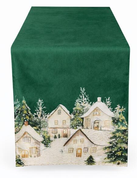 Clodette Runner Verde con Ricamo Villaggio Innevato Natalizio 160x40 cm