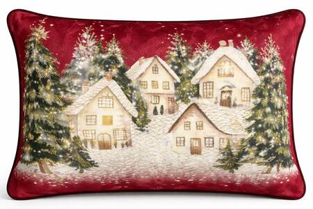 Clodette Cuscino in Velluto Rosso con Ricamo Villaggio Innevato Natalizio 50x35 cm