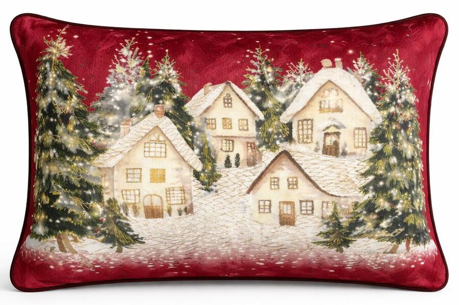 Clodette Cuscino in Velluto Rosso con Ricamo Villaggio Innevato Natalizio 50x35 cm