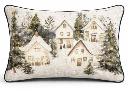 Clodette Cuscino in Velluto Panna con Ricamo Villaggio Innevato Natalizio 50x35 cm