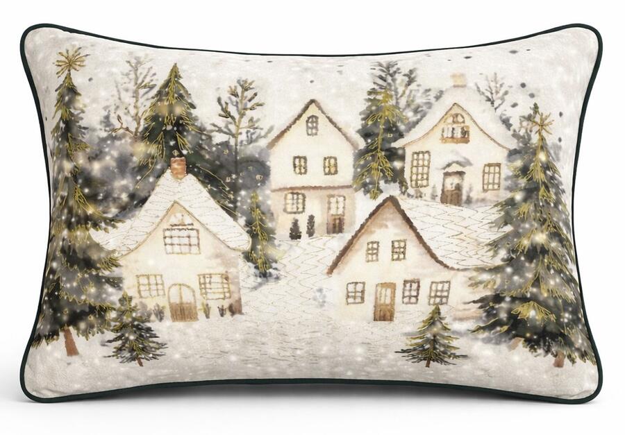 Clodette Cuscino in Velluto Panna con Ricamo Villaggio Innevato Natalizio 50x35 cm