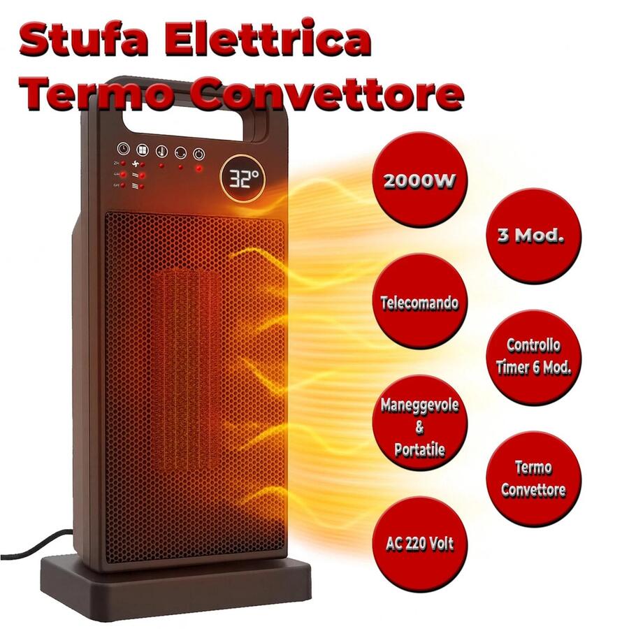 Stufa Termoventilatore a Colonna 2000W a 3 Livelli con Telecomando incluso