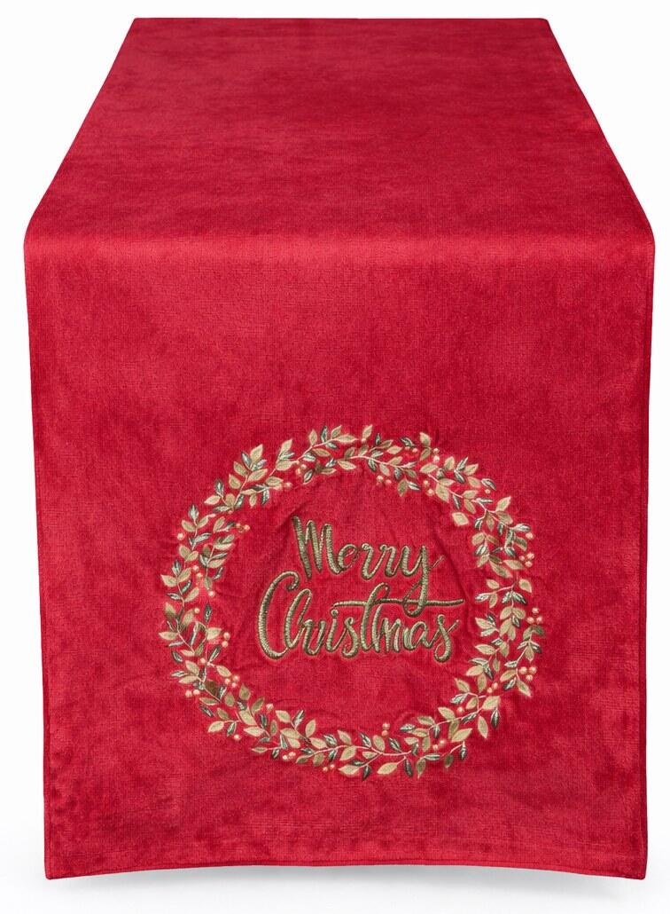 Clodette Runner Rosso con Ricamo Ghirlanda Merry Christmas 160x40 cm