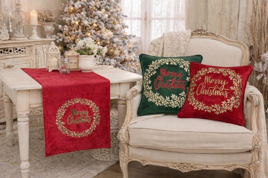 Clodette Runner Rosso con Ricamo Ghirlanda Merry Christmas 160x40 cm
