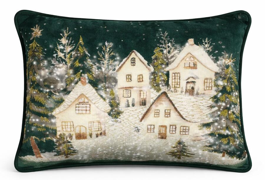Clodette Cuscino in Velluto Verde con Ricamo Villaggio Innevato Natalizio 50x35 cm