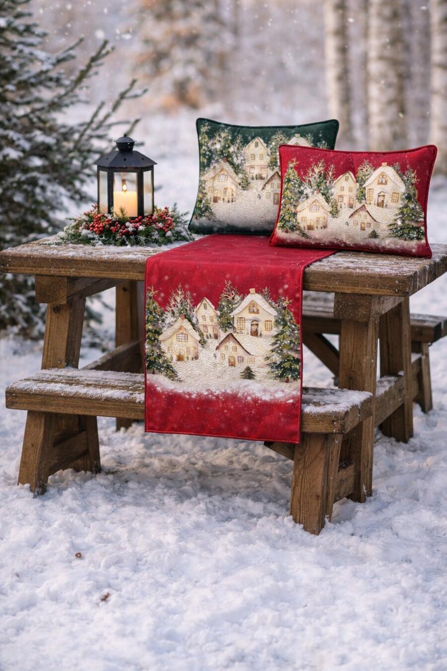 Clodette Cuscino in Velluto Verde con Ricamo Villaggio Innevato Natalizio 50x35 cm