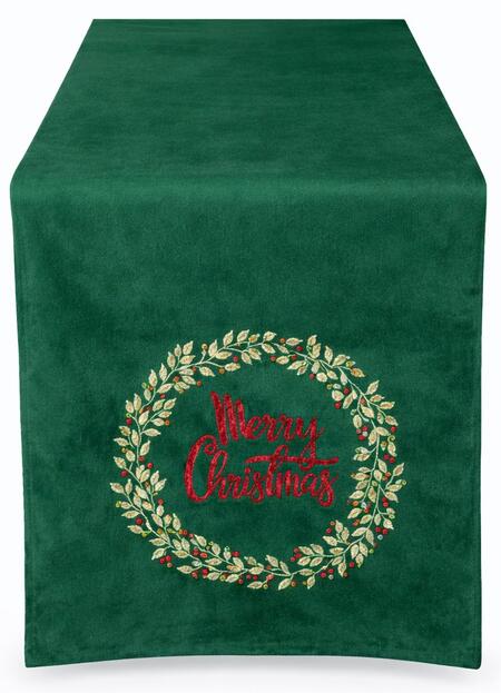 Clodette Runner Verde con Ricamo Ghirlanda Merry Christmas 160x40 cm