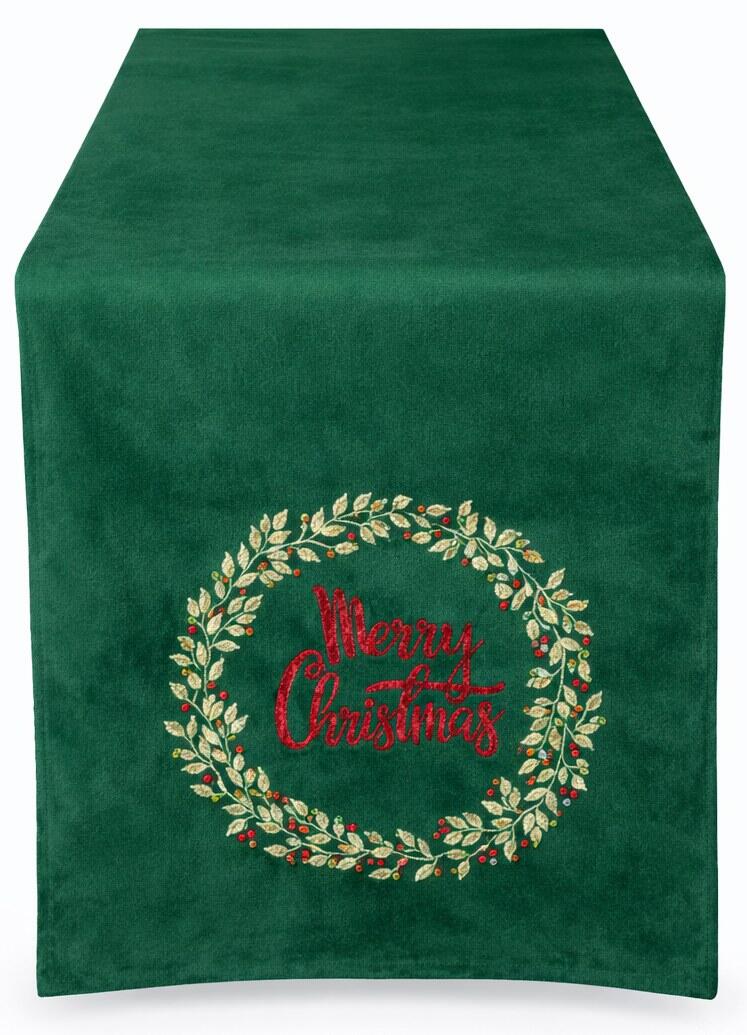 Clodette Runner Verde con Ricamo Ghirlanda Merry Christmas 160x40 cm