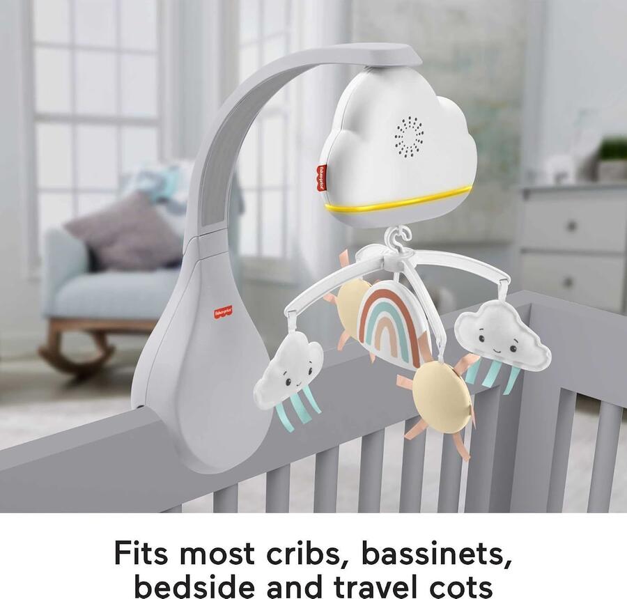 Fisher-Price-Giostrina Dolce Arcobaleno per Culla Fianco Letto, Unità Rilassante da Appoggio e Unità Sonora da Culla, Compatibile con le Culle, Giocattolo per Bambini 0+ Mesi, HBP40